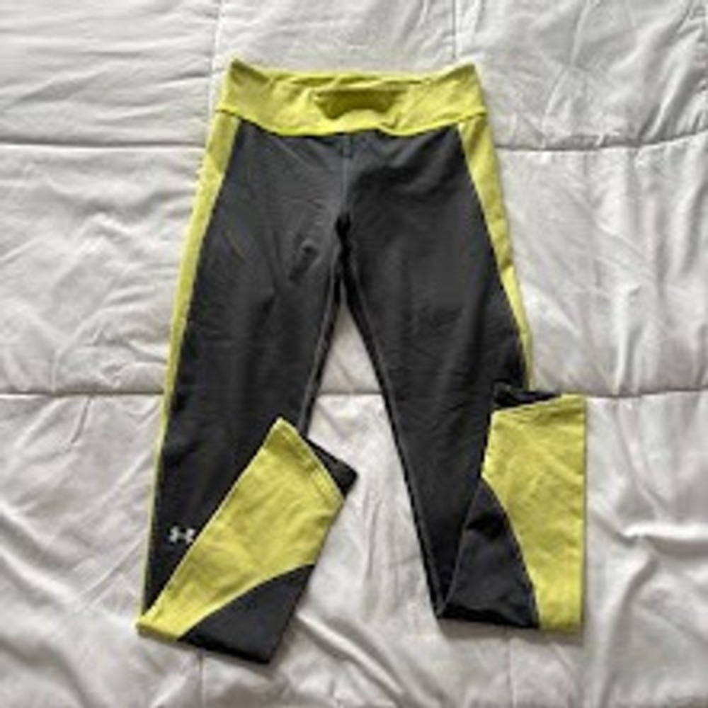 Under Armour ColdGear Leggings Womens Small Gray Neon Yellow Compression Pants